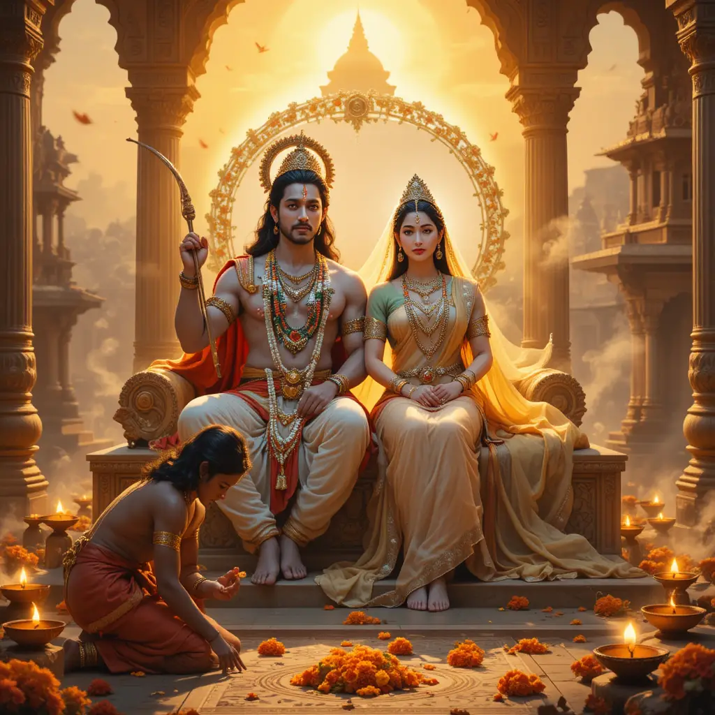 Lord Ram e Deusa Sita entronizados na luz dourada do templo