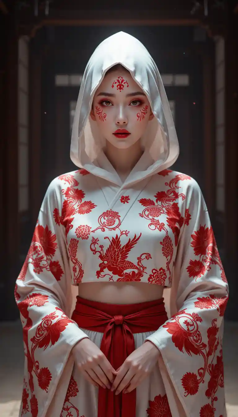 Mujer misteriosa con atuendo ritual de kimono de seda rojo y blanco