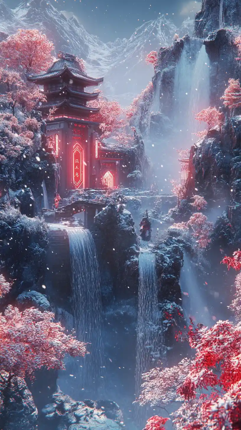 Epic Japanese palace in a snowy fantasy waterfall landscape