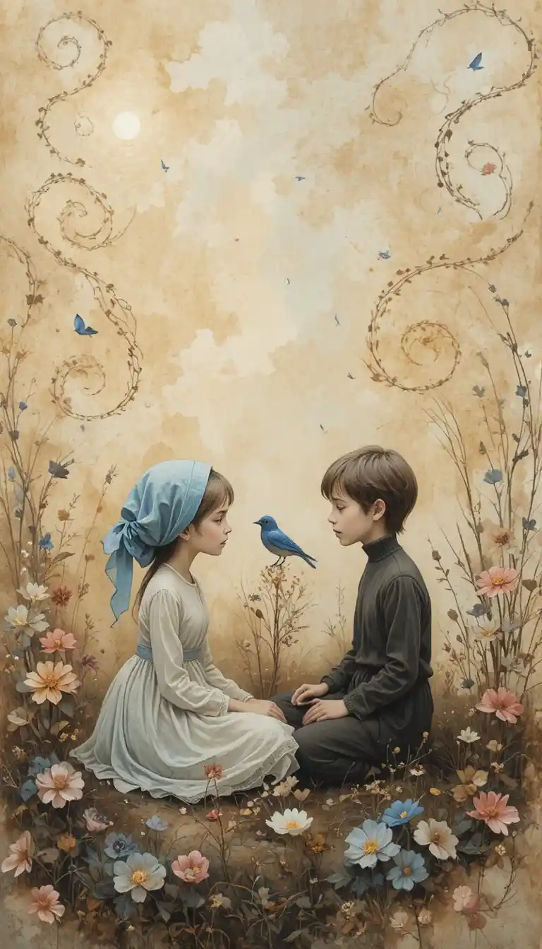 Young girl and boy facing each other with a bluebird