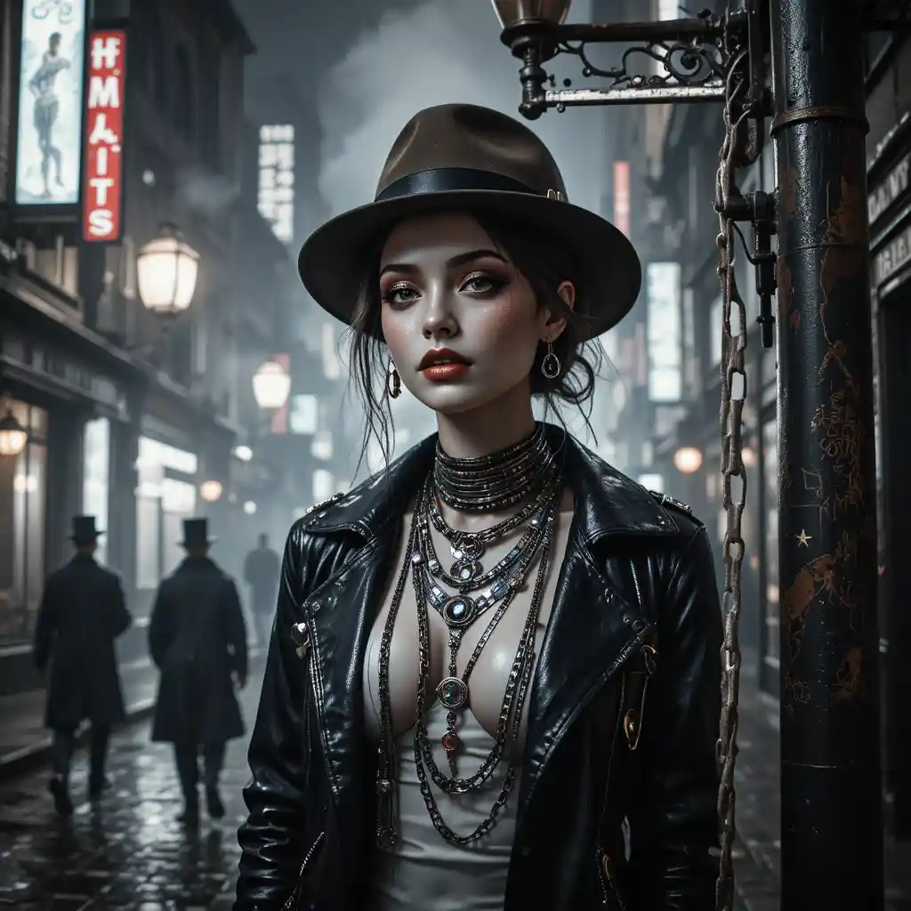 Cybernetic femme fatale in chains in a foggy alley poster
