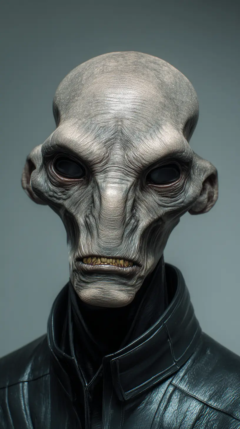 Sinister bald humanoid portrait with reptilian eyes
