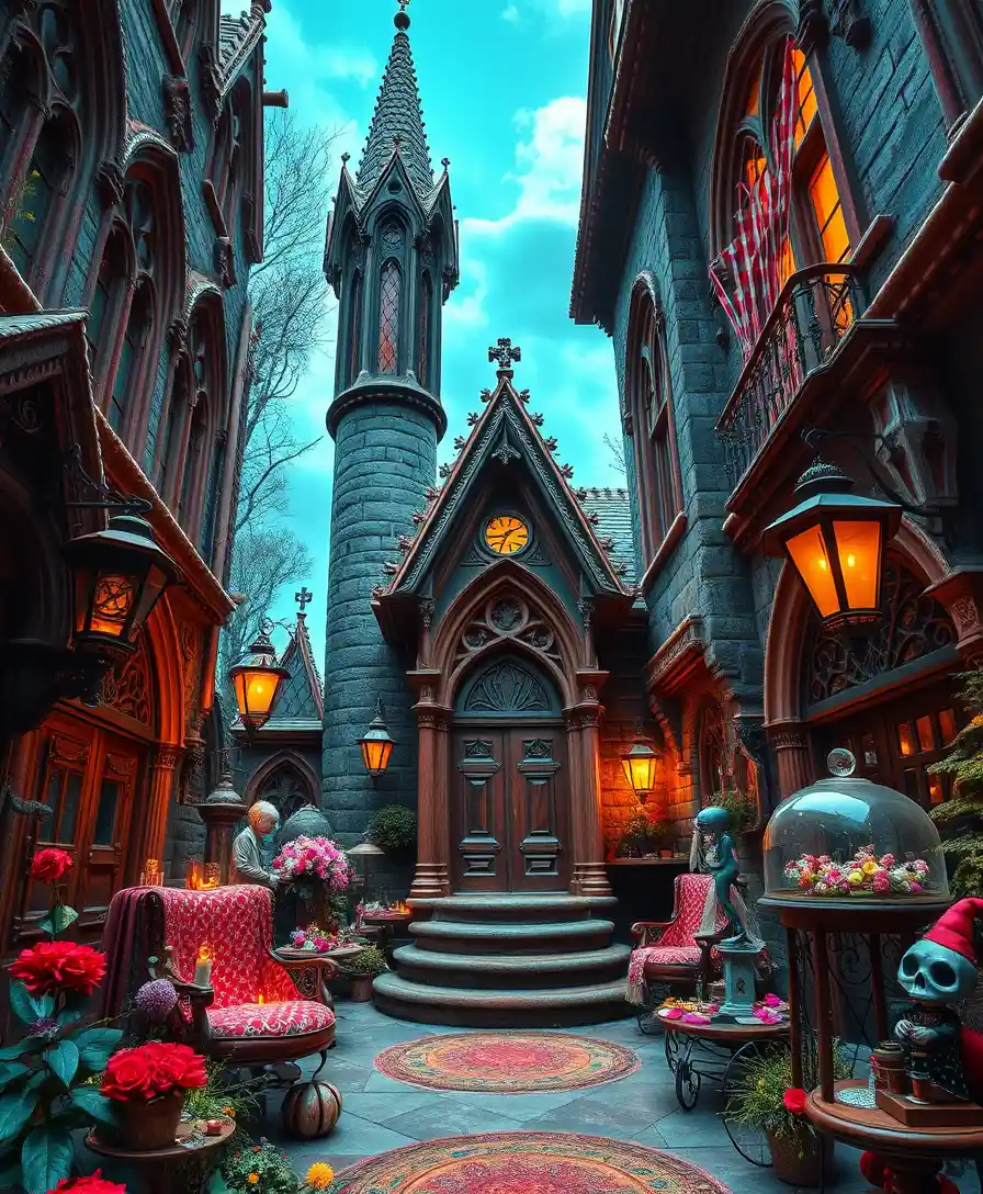 Verspieltes gothisches Zuhause mit Fantasy-Architektur und Humor