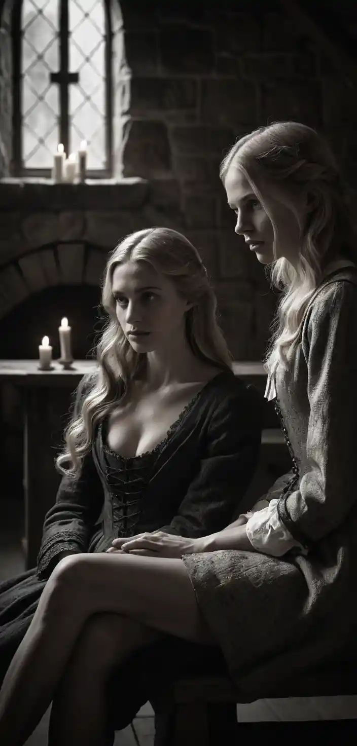 Intimate black and white portrait of two women by candlelight