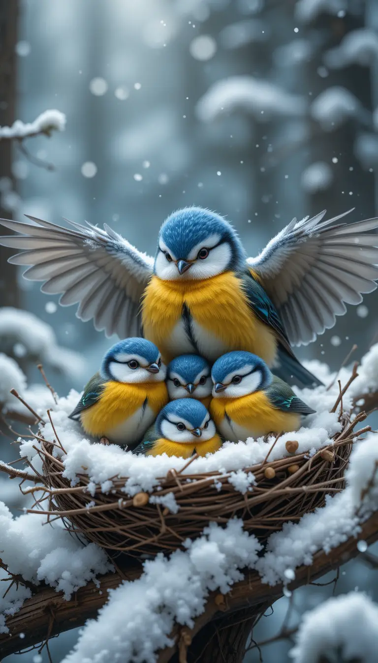 Colorful songbird family huddled in a snowy forest nest