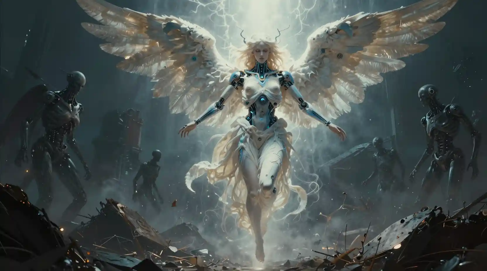 Ange cyborg descendant dans la lumière au-dessus d’un désert en ruines
