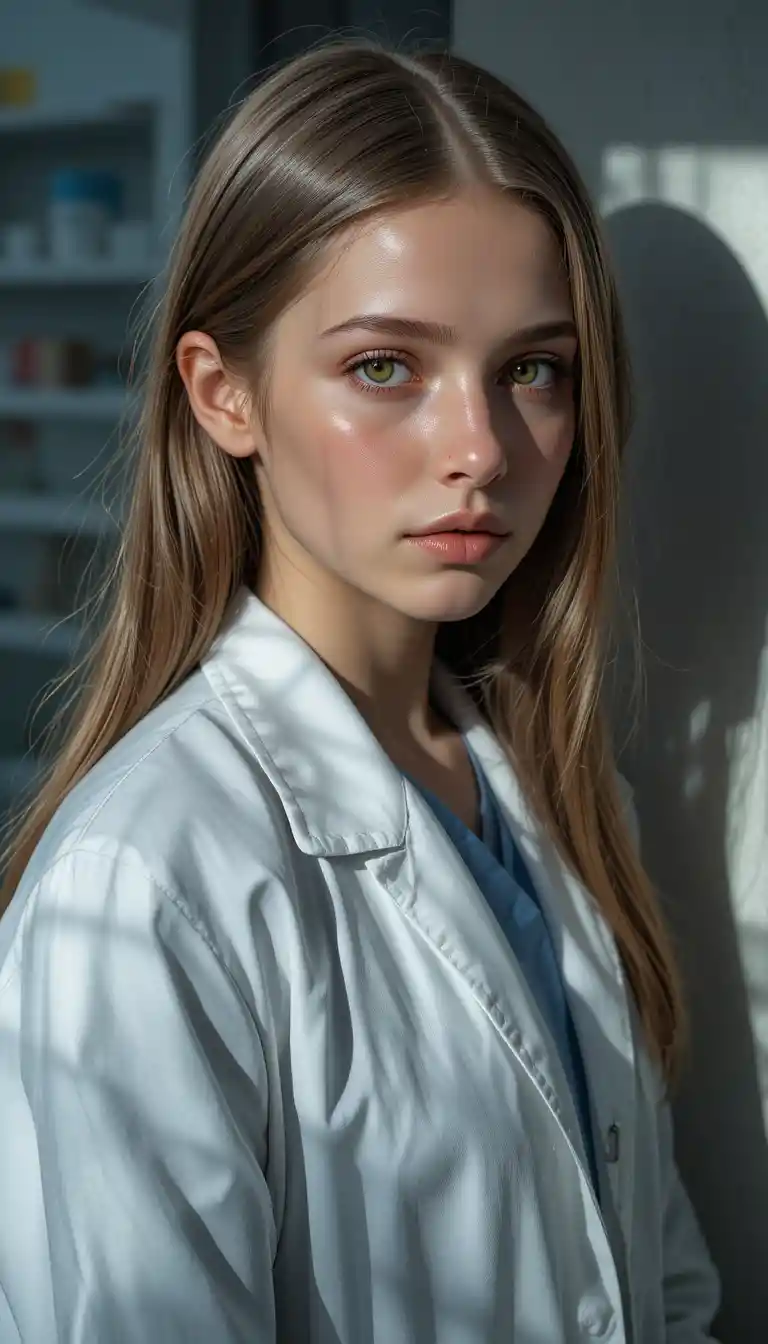 Young girl in white lab coat in a hospital clinic
