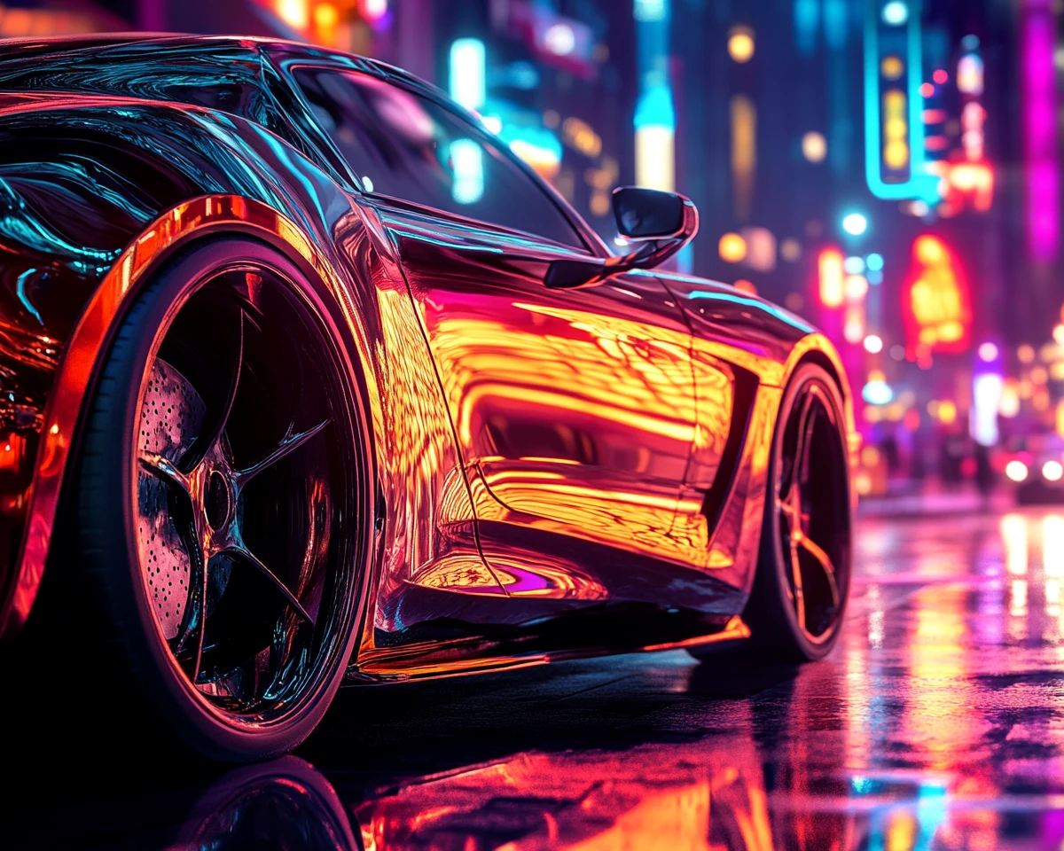 Carro de luxo em rua da cidade iluminada por neon à noite