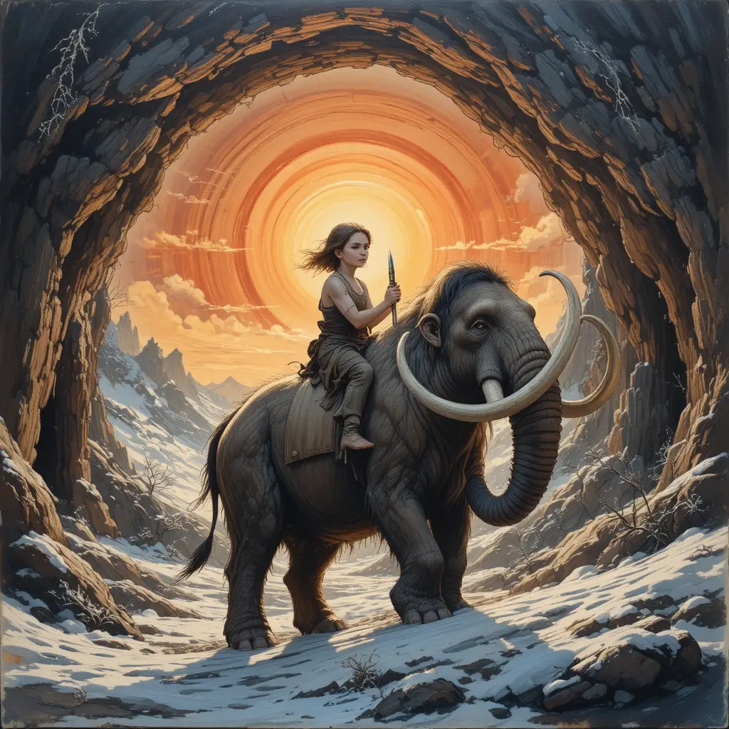 Cave child riding a woolly mammoth at snowy sunset