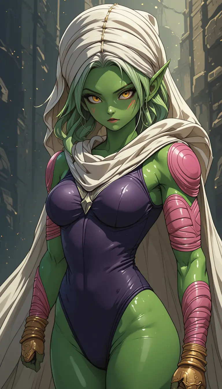 Green female warrior with cape in anime fantasy style