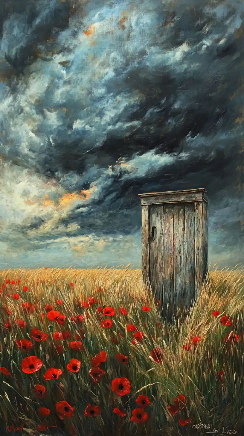 Weathered wooden doorway in poppy field under storm clouds