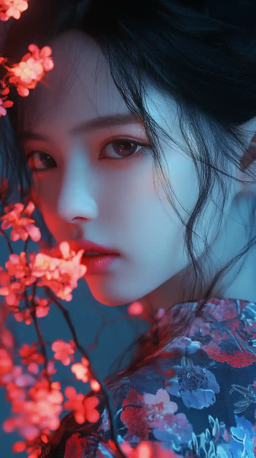 Melancholic Asian girl in blue hair and spider lily kimono