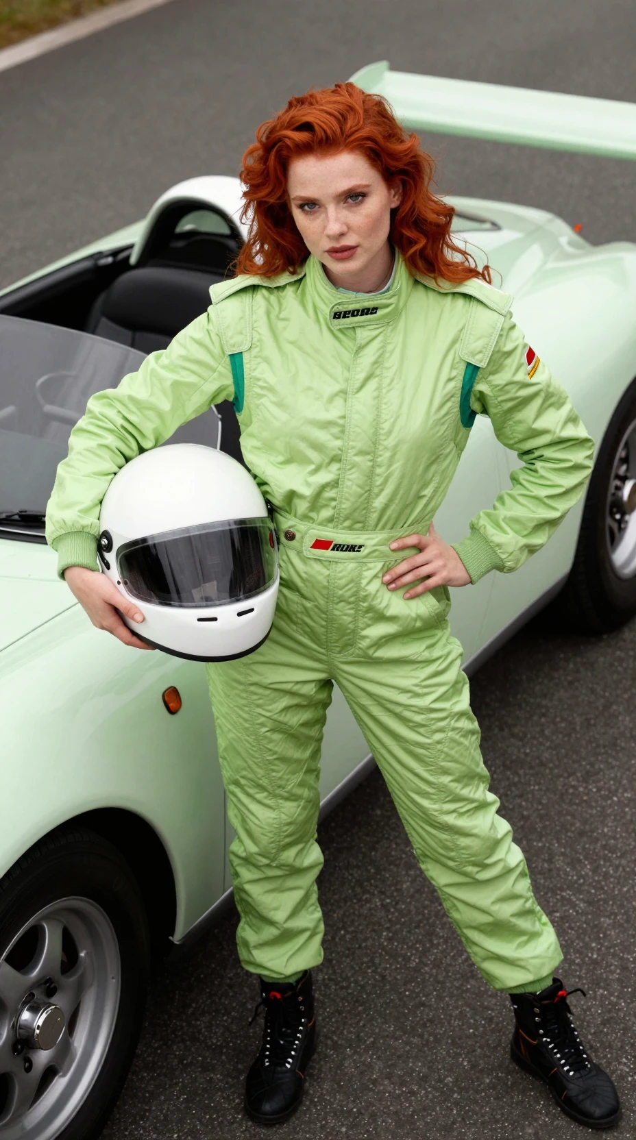 Confident woman in green racing suit beside vintage Porsche