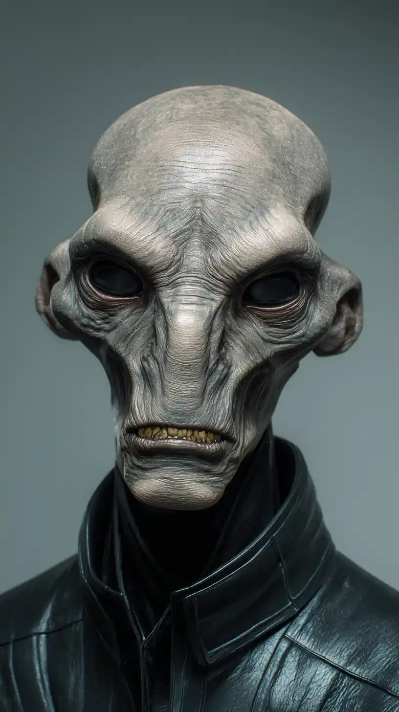 Sinister bald humanoid portrait with reptilian eyes