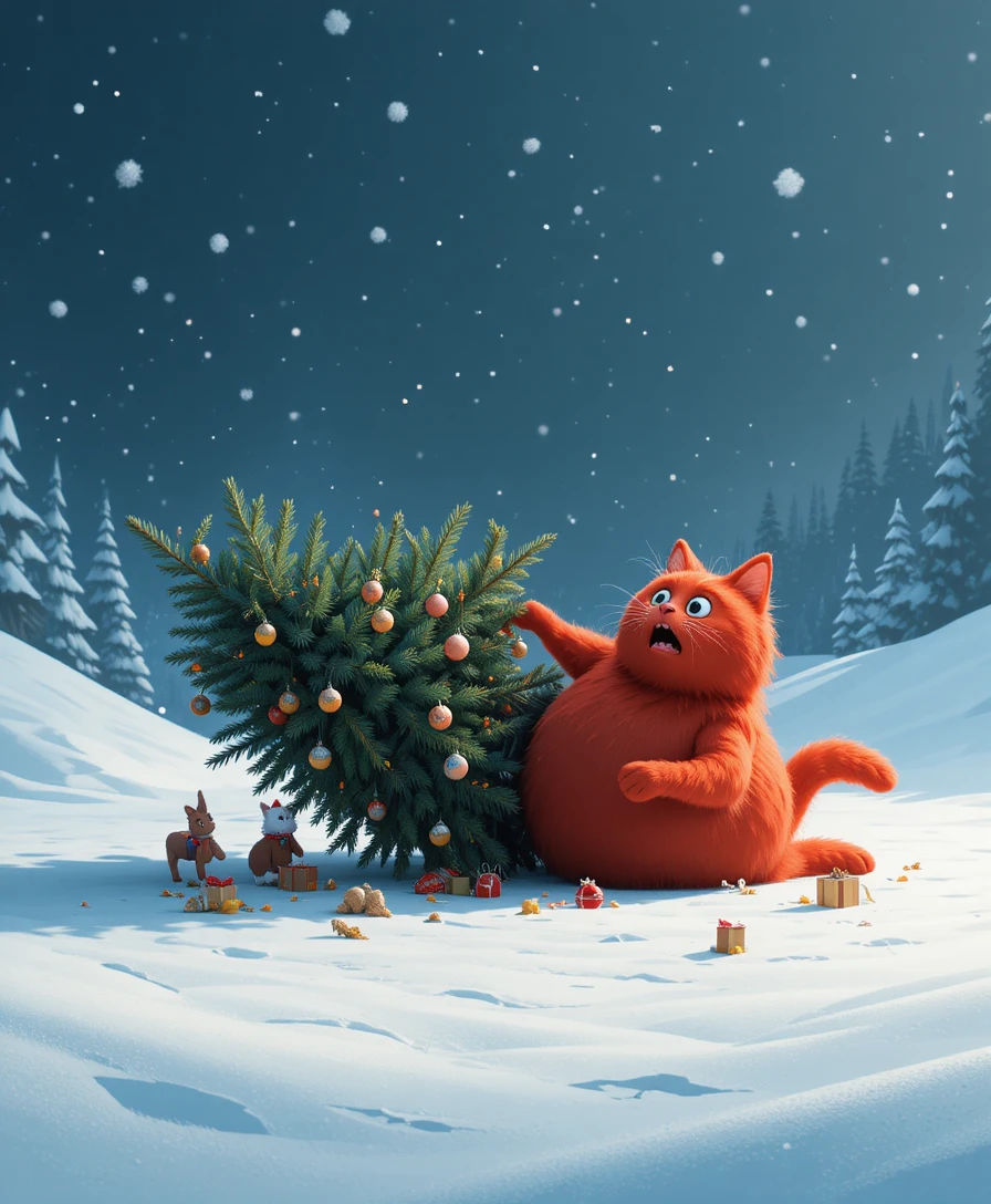 Minimalist scene of a fallen Christmas tree and shocked cat