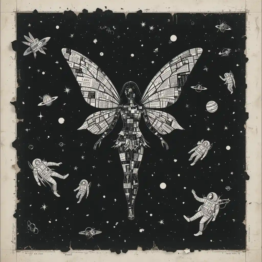 Silhouetten-Fee-Collage, die durch surrealen kosmischen Abgrund fliegt