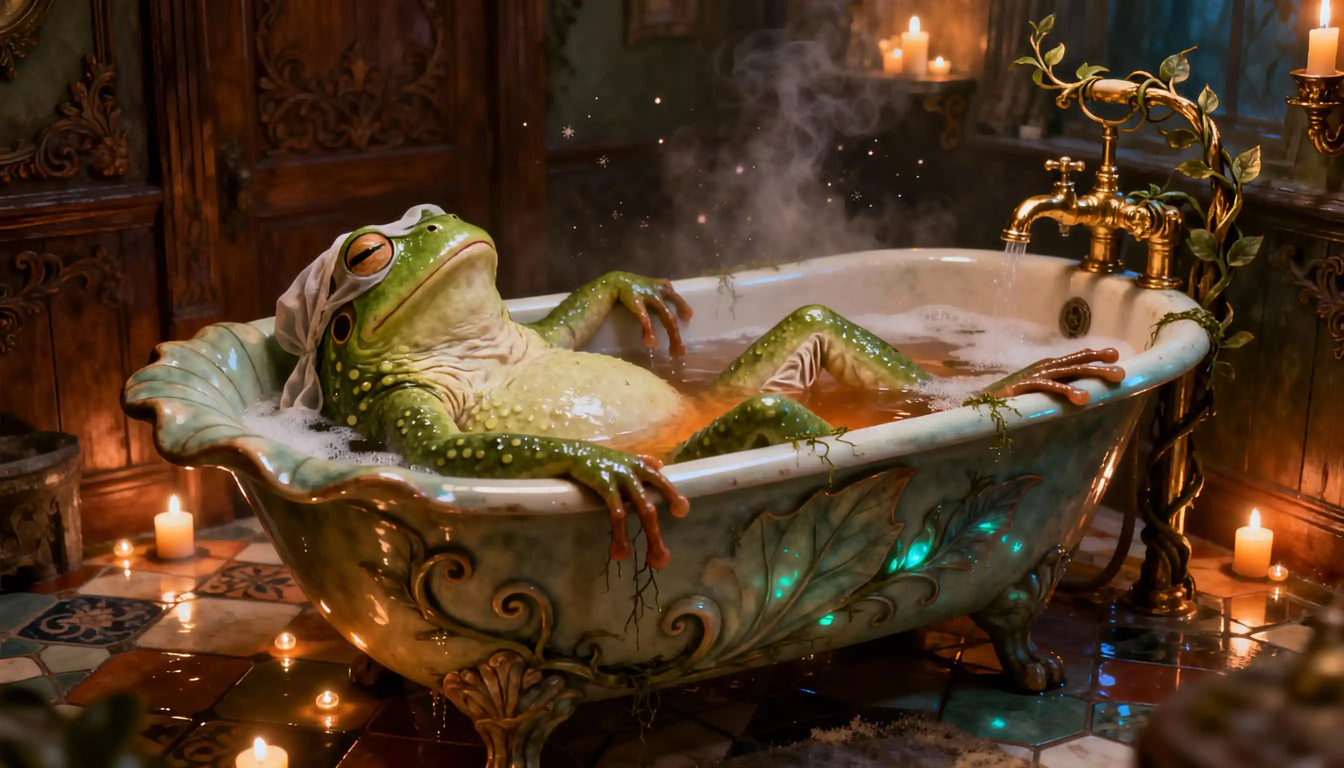 Relaxed frog bathing in a whimsical fantasy porcelain tub