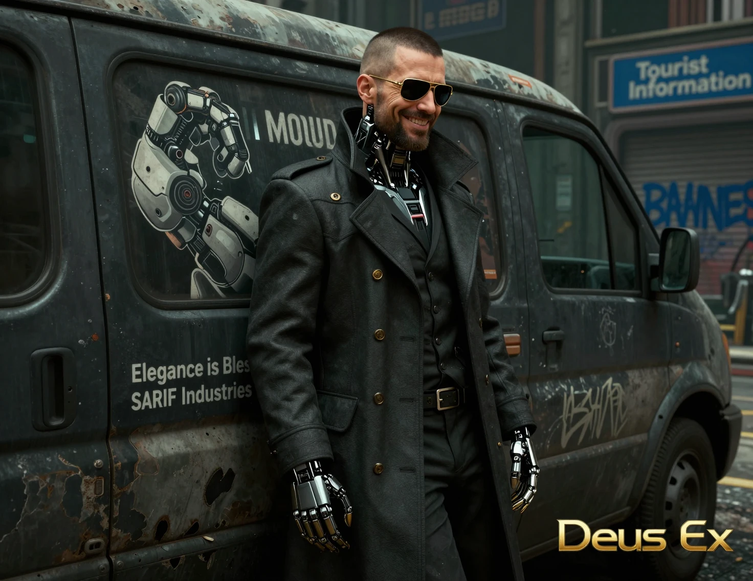 Augmented detective leaning on van in cyberpunk city street