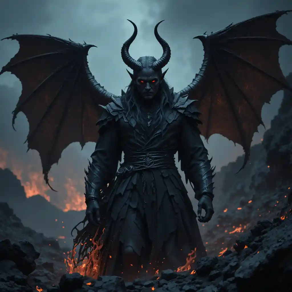 Horned demon rising from a fiery volcanic wasteland