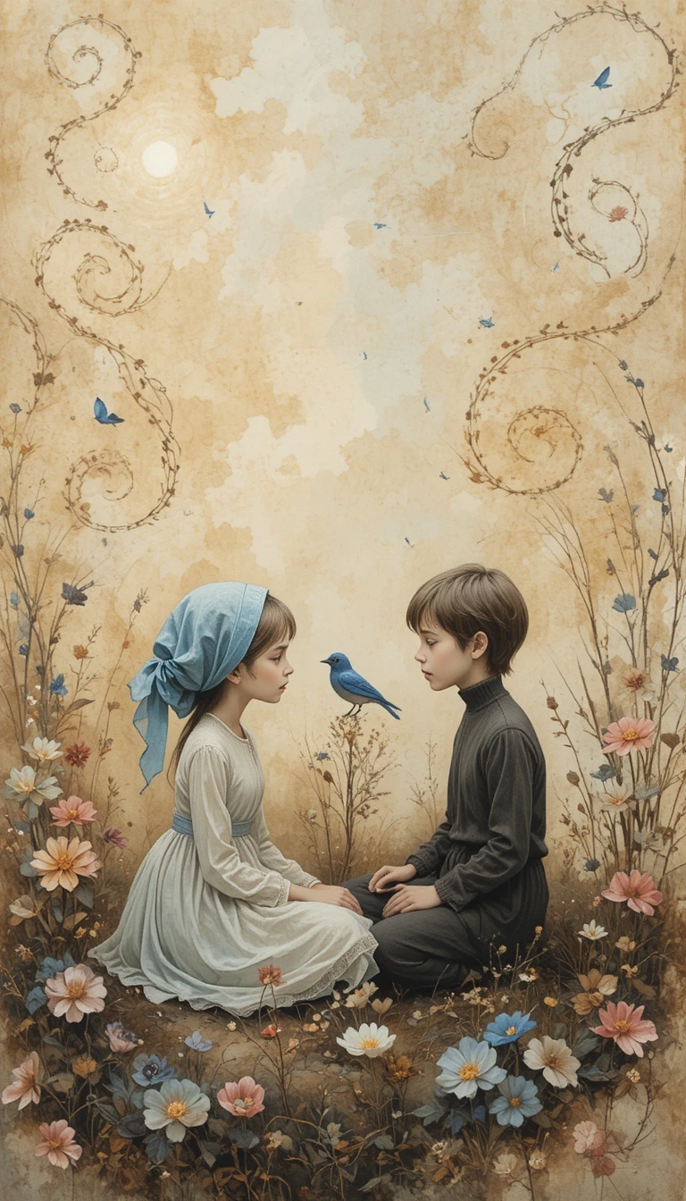 Young girl and boy facing each other with a bluebird