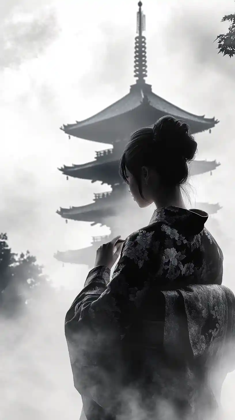 Femme en kimono devant une pagode brumeuse en art monochrome