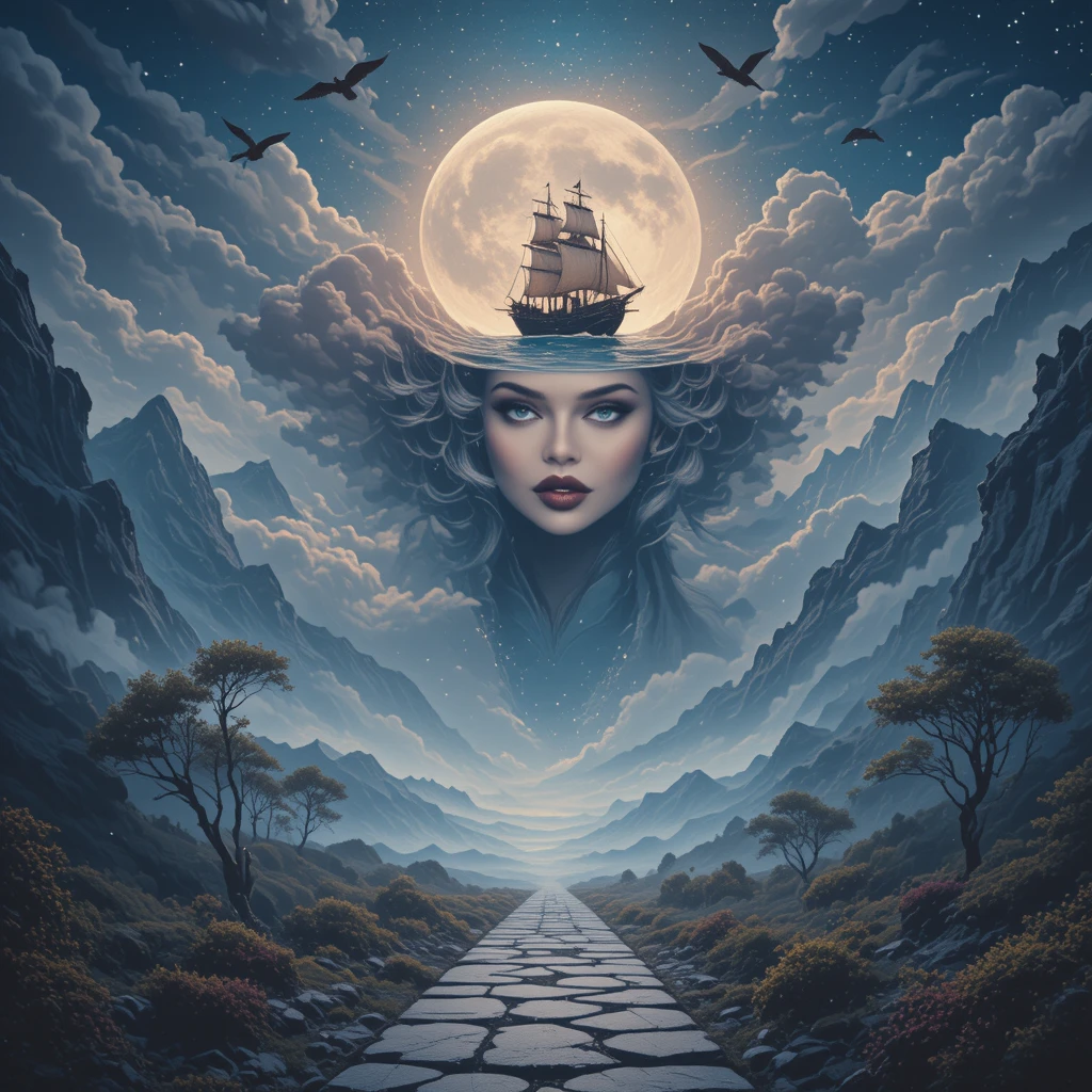 Mystical Woman In The Clouds Watching A Lone Ship
