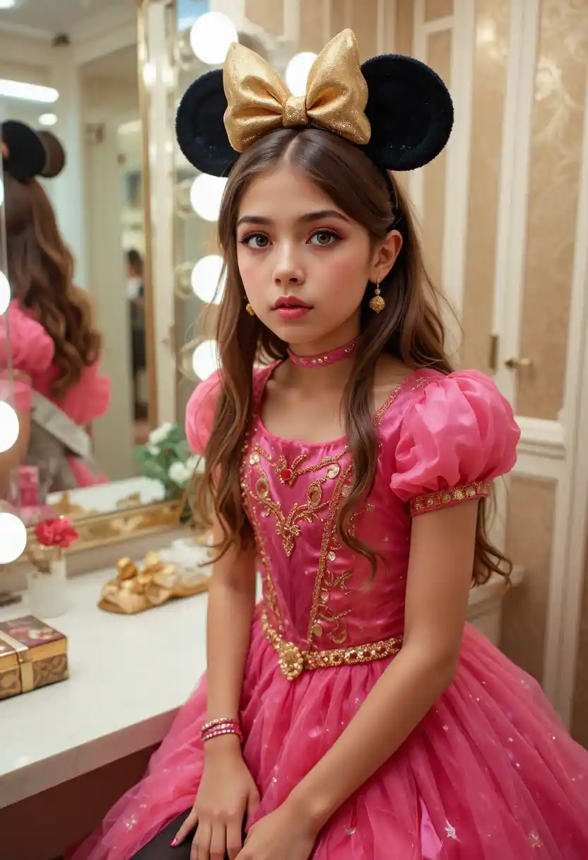 ピンクのクリスマスプリンセスドレスとメイクをしたティーン前の男の子