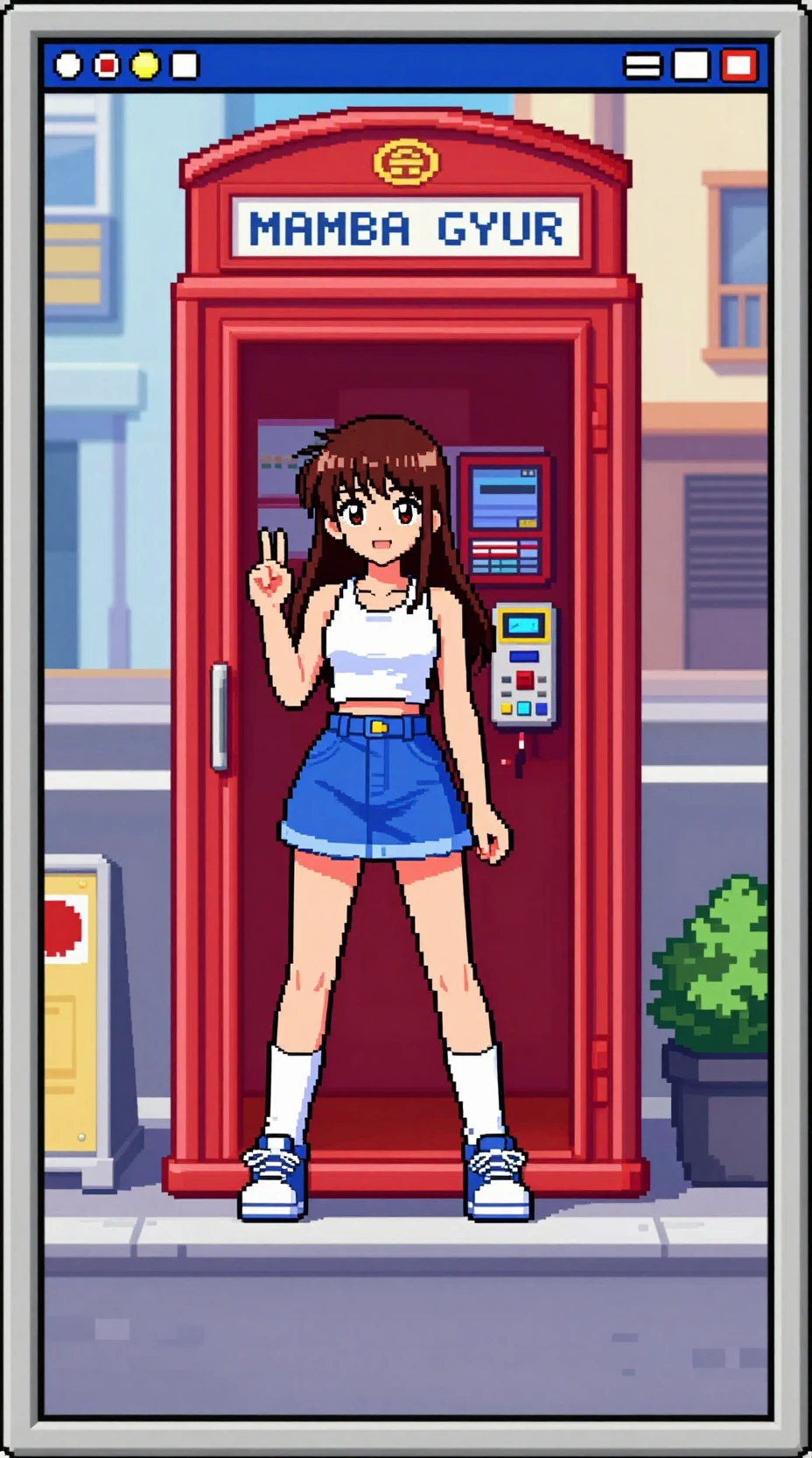 Mujer en arte píxel posando en una calle de la ciudad junto a una cabina telefónica