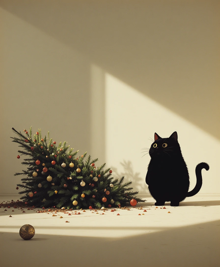 Scena minimalista con albero di Natale rovesciato e gatto sconvolto