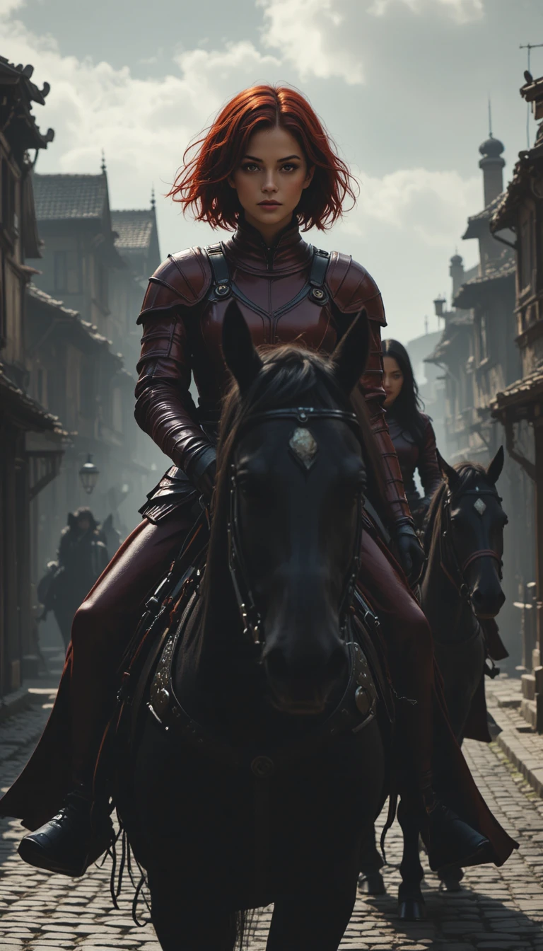 Two warrior women on black horses enter a medieval village