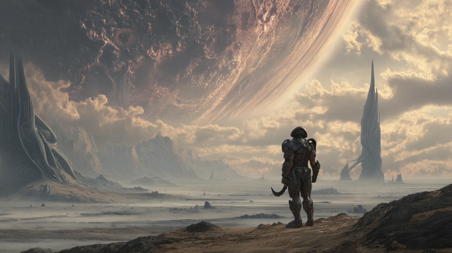 Barbarian warrior on a desolate alien world under swirling skies
