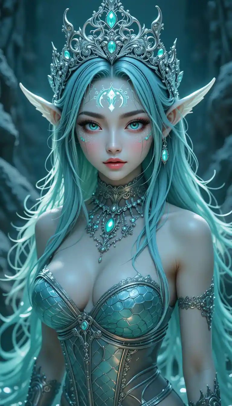 Aquatic anime siren with glowing runes and silver armor