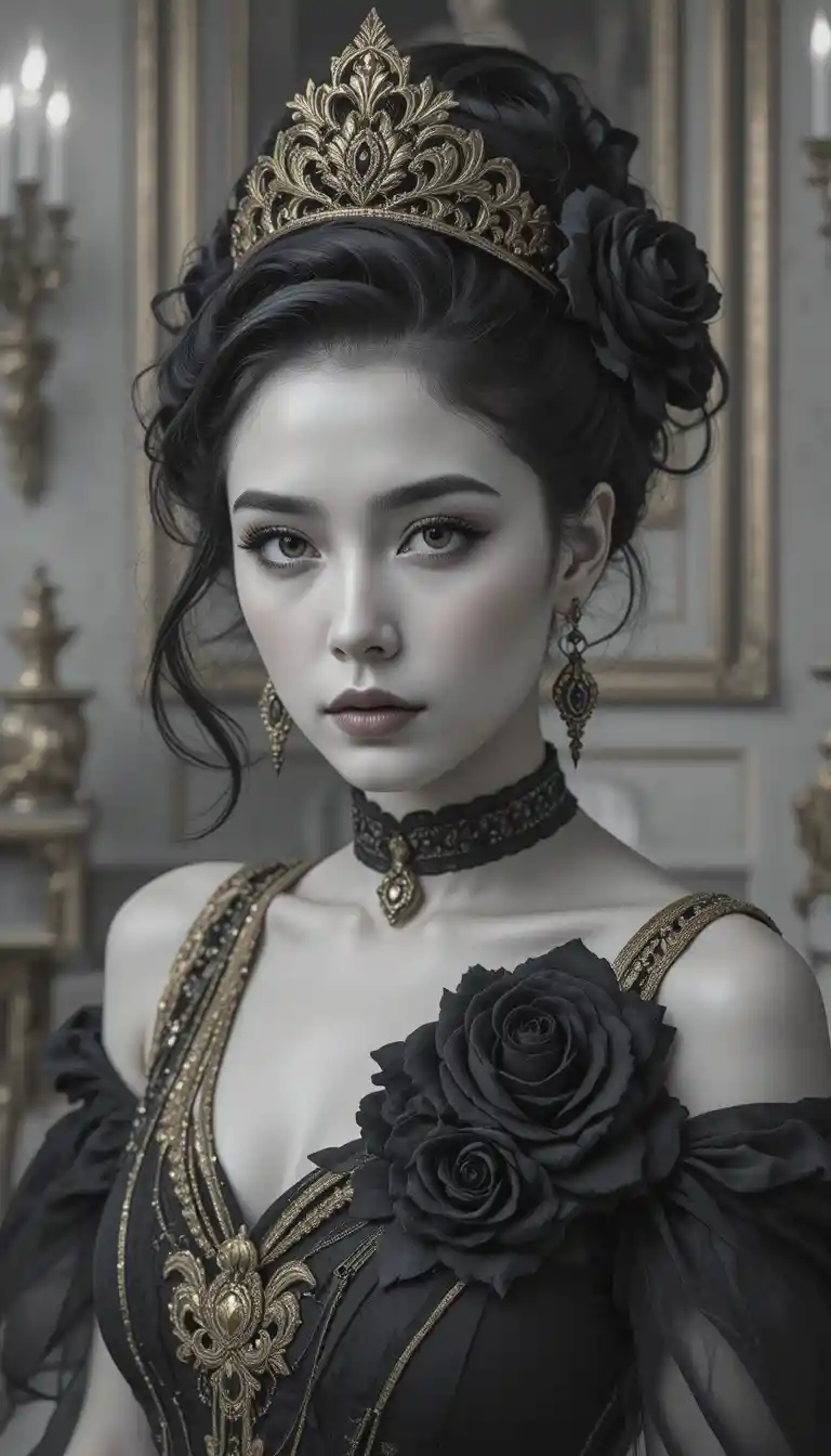 Mysterious young woman in black dress with gold crown