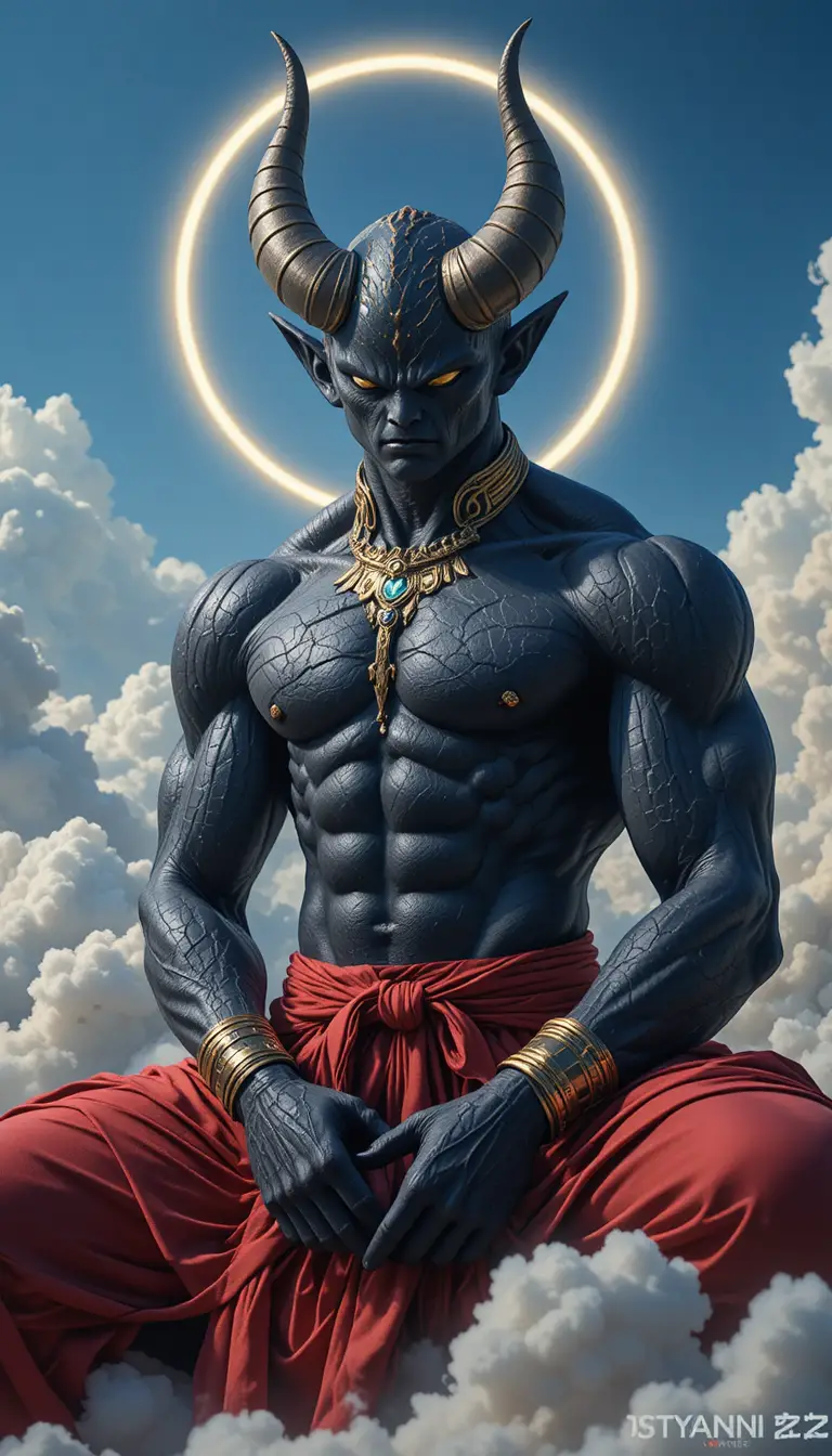 Anime godlike creature seated on soft glowing clouds