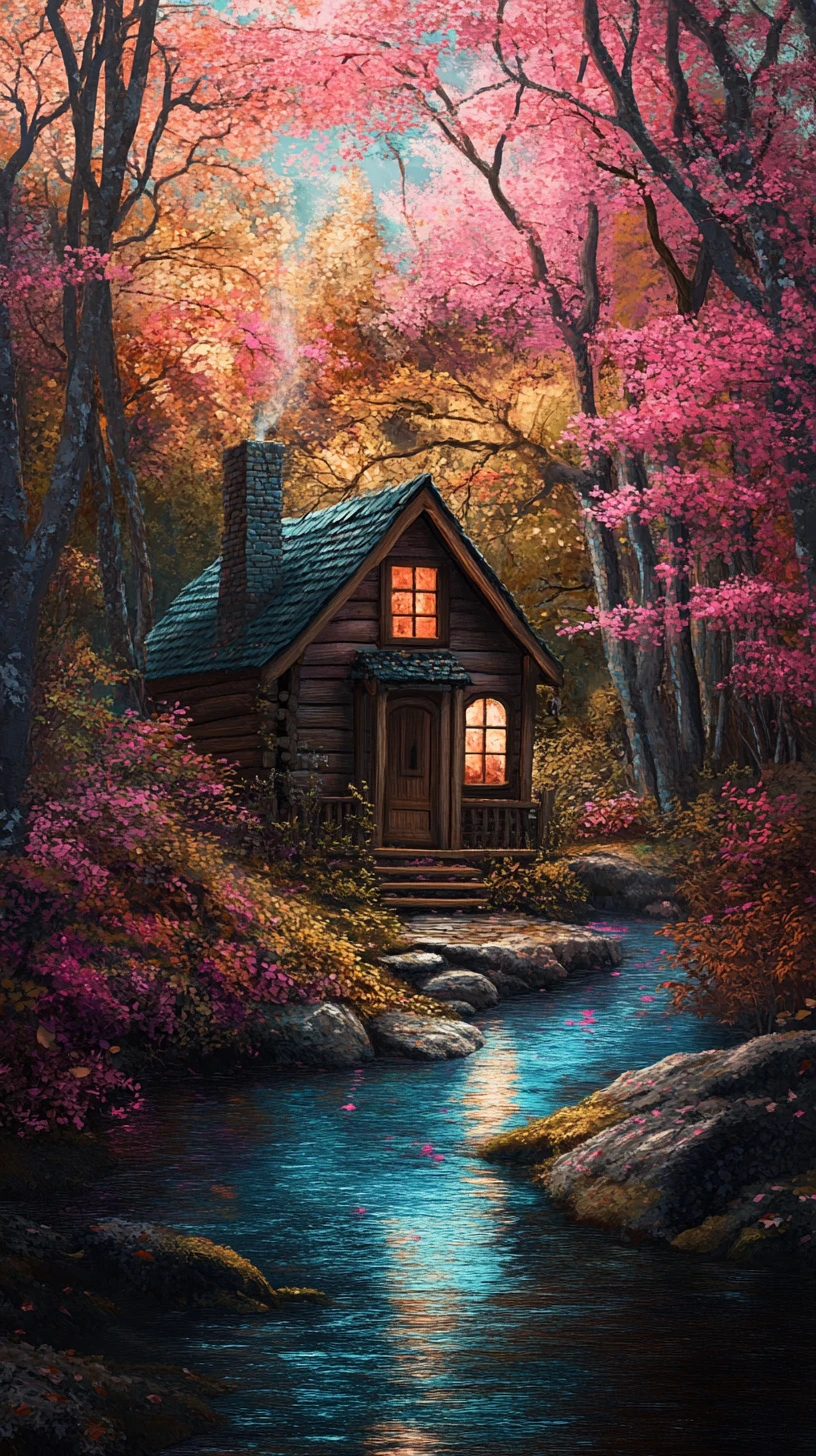Cottage rustique au bord d’un ruisseau scintillant dans une forêt enchantée