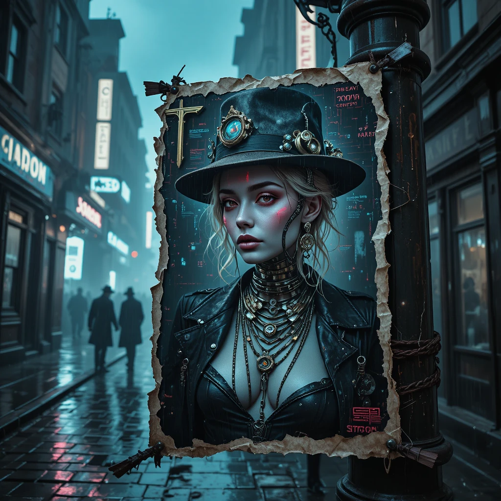 Cyberpunk femme fatale portrait with chains and holographic tattoos