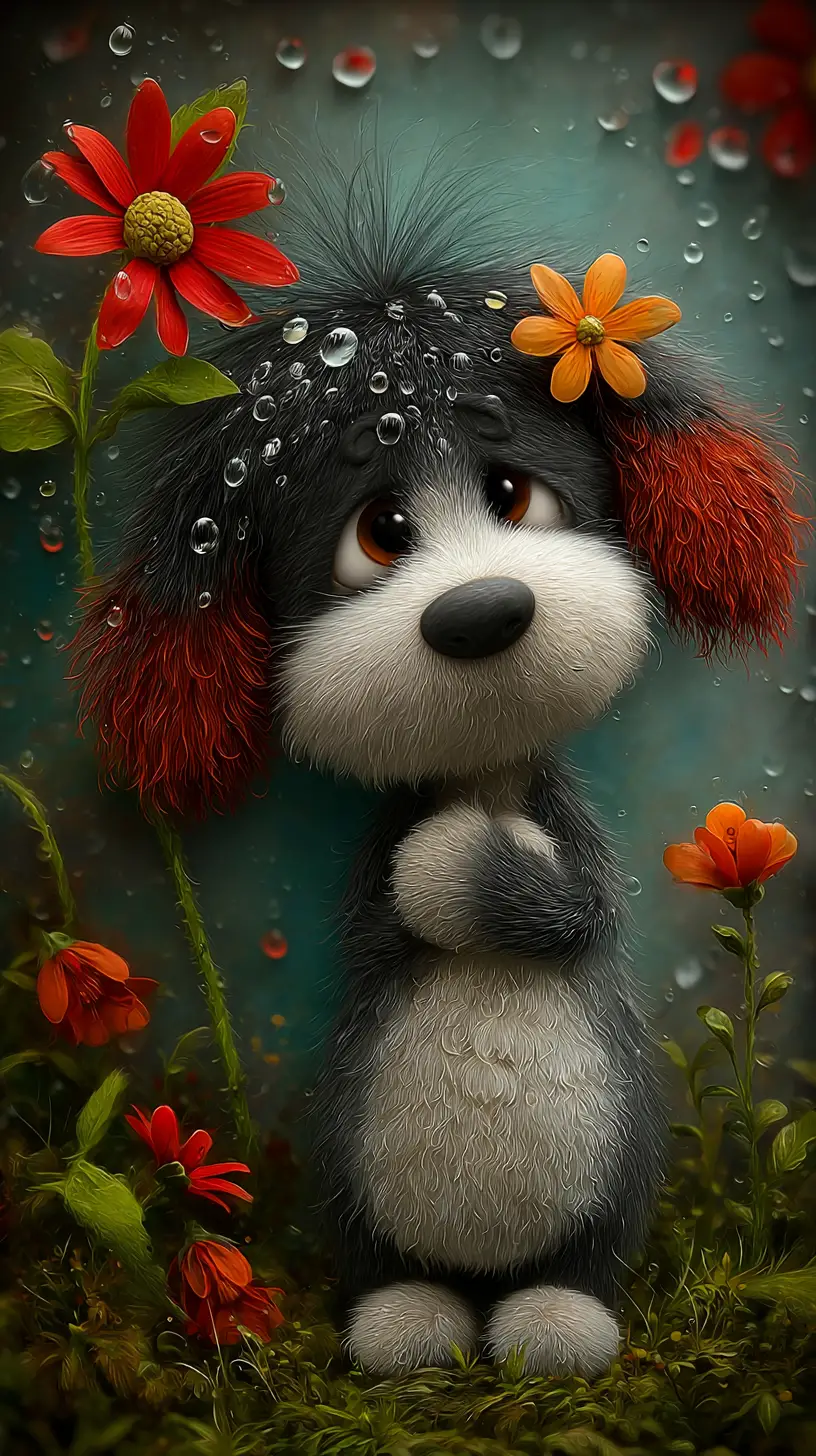 Sad puppy sitting alone in a vast garden painting