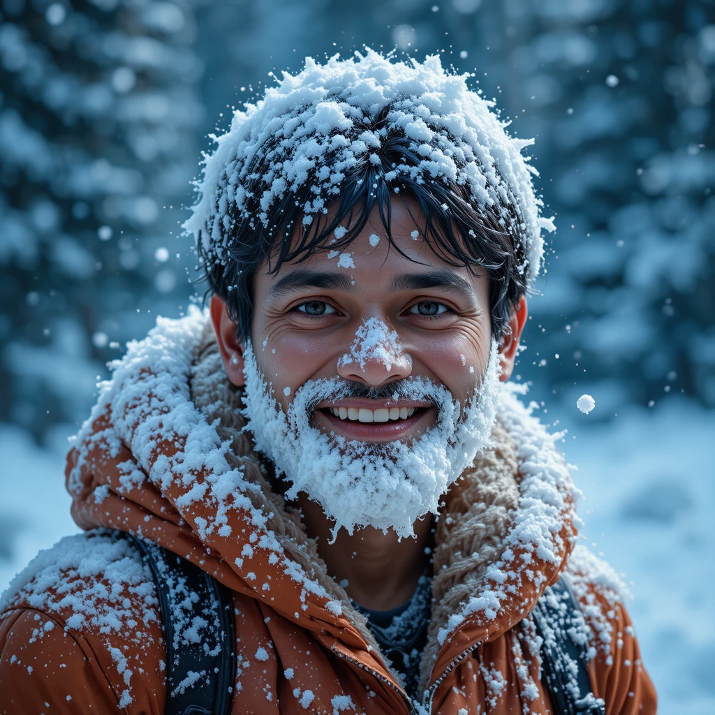 Smiling man standing in the snow despite the cold