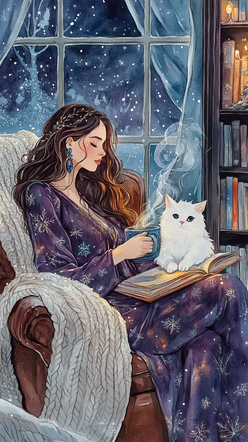 Young woman reading with a glowing cat by the window