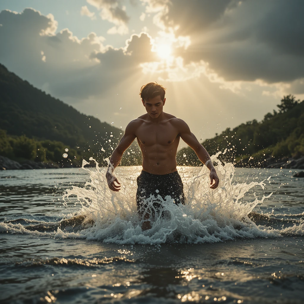 Joven cruzando un río bajo un dramático sol dorado