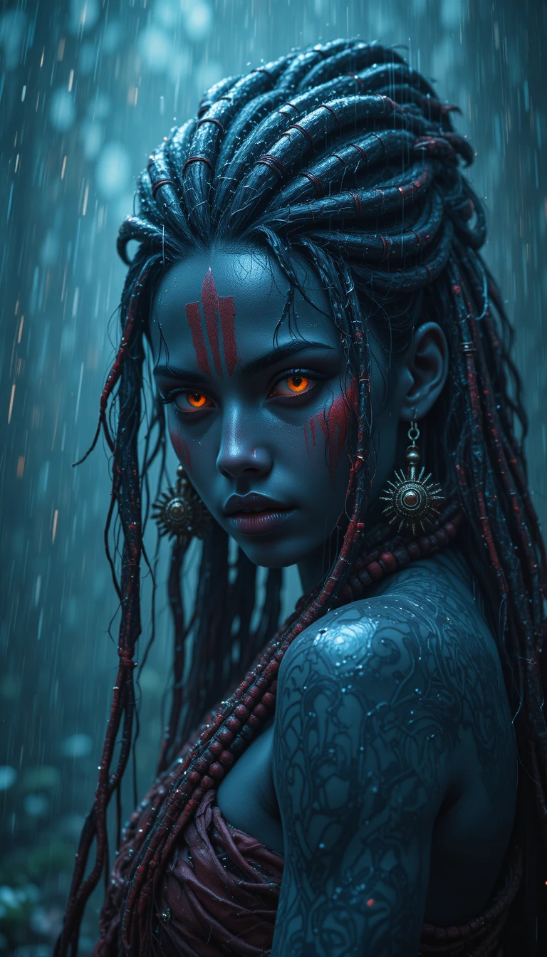 Anime tribal warrior woman in heavy rain with glowing eyes