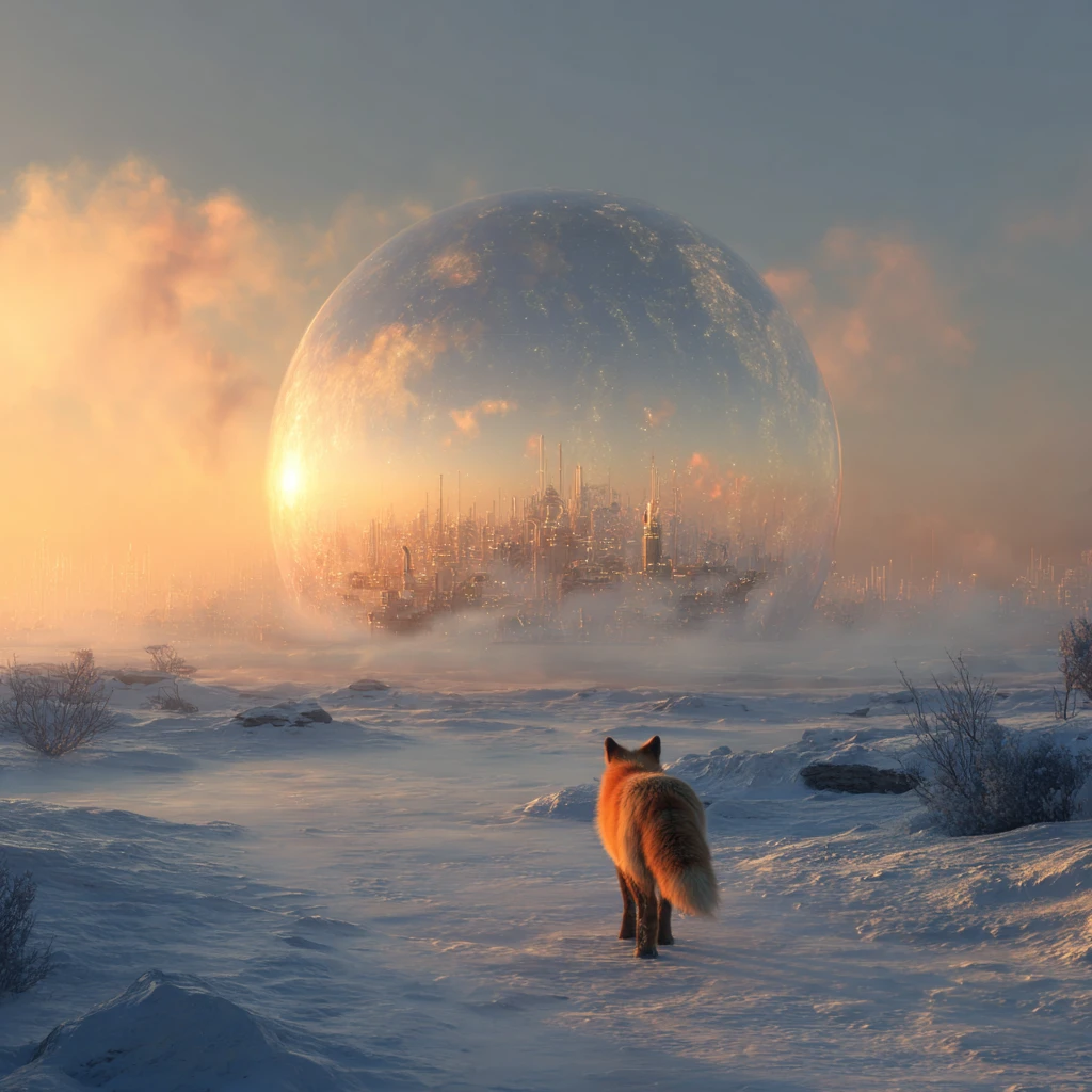 Volpe automatica cyberpunk che attraversa una città futuristica innevata
