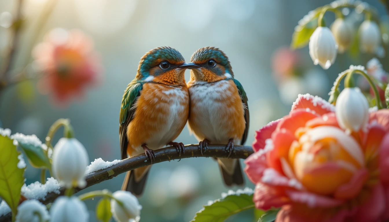 Tender birds resting on a branch in snowy forest