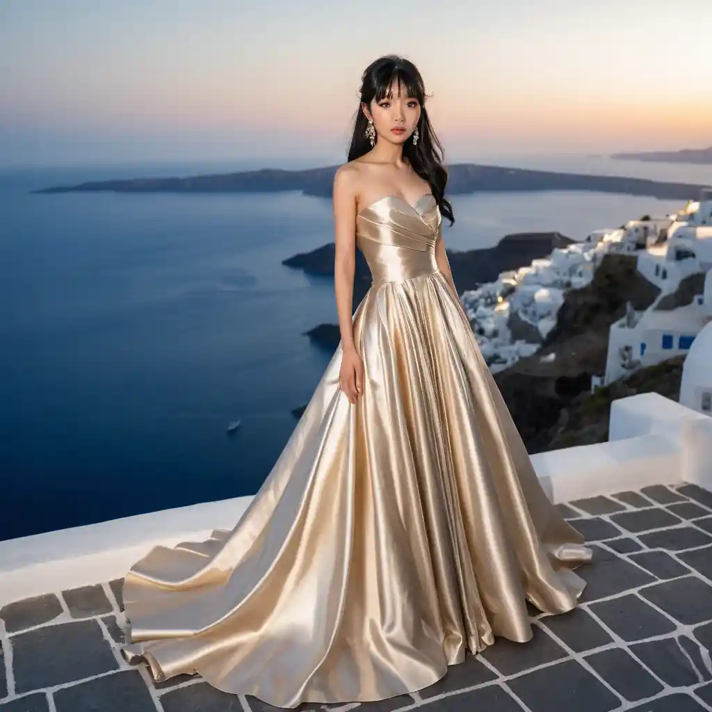 Elegant Japanese woman in gold satin gown at night in Santorini