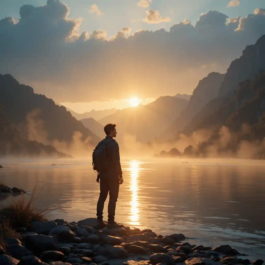 Young man at sunrise on a misty riverside