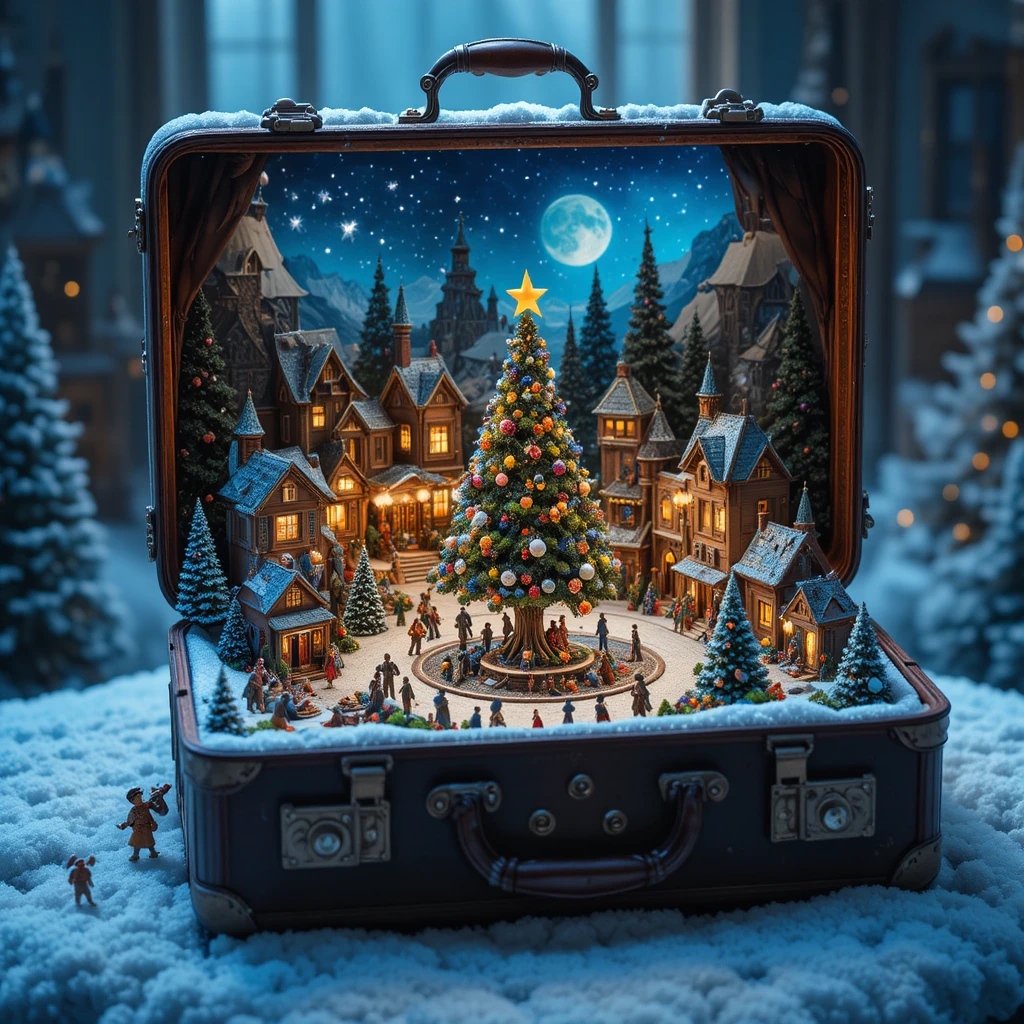 Open suitcase revealing a tiny fantastical Christmas village
