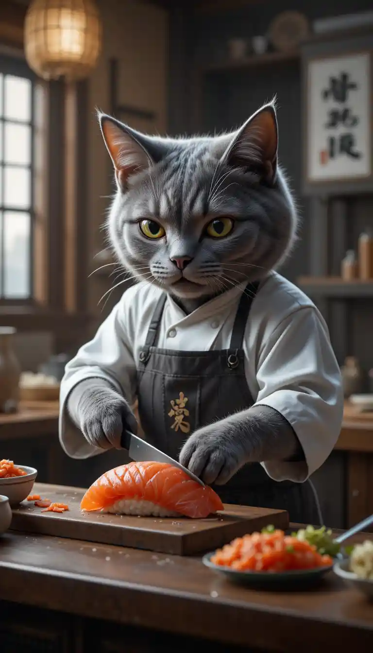 Anime-Graukatze als Sushi-Koch in traditioneller japanischer Küche