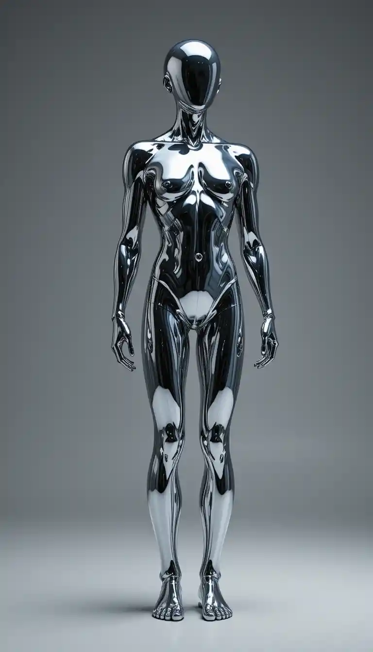 어두운 미니멀 공간 속 액체 수은 humanoid 피규어
