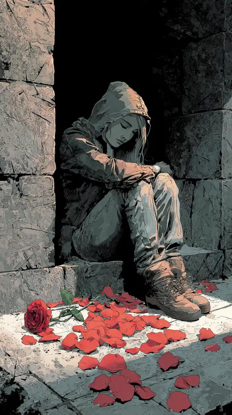 Young woman in despair with rose in stone alcove