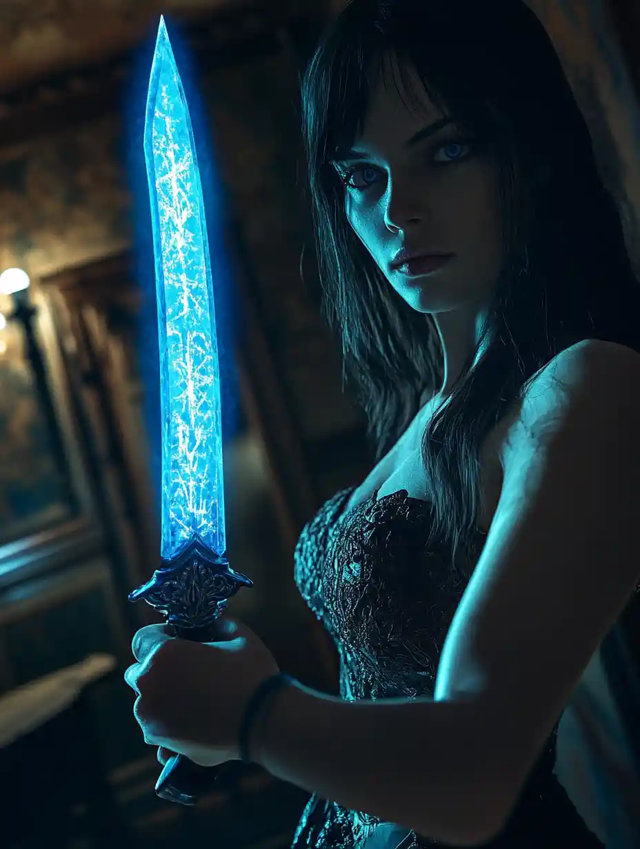 Dark huntress with glowing dagger in gothic victorian hall
